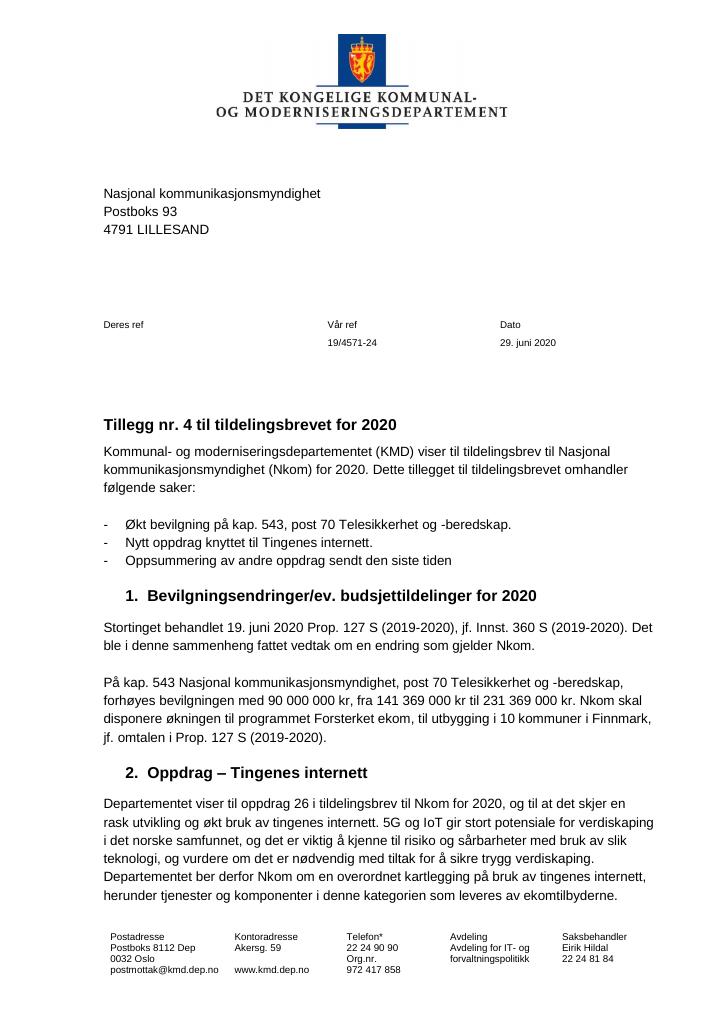 Forsiden av dokumentet Tildelingsbrev Nasjonal kommunikasjonsmyndighet 2020 - tillegg nr. 4