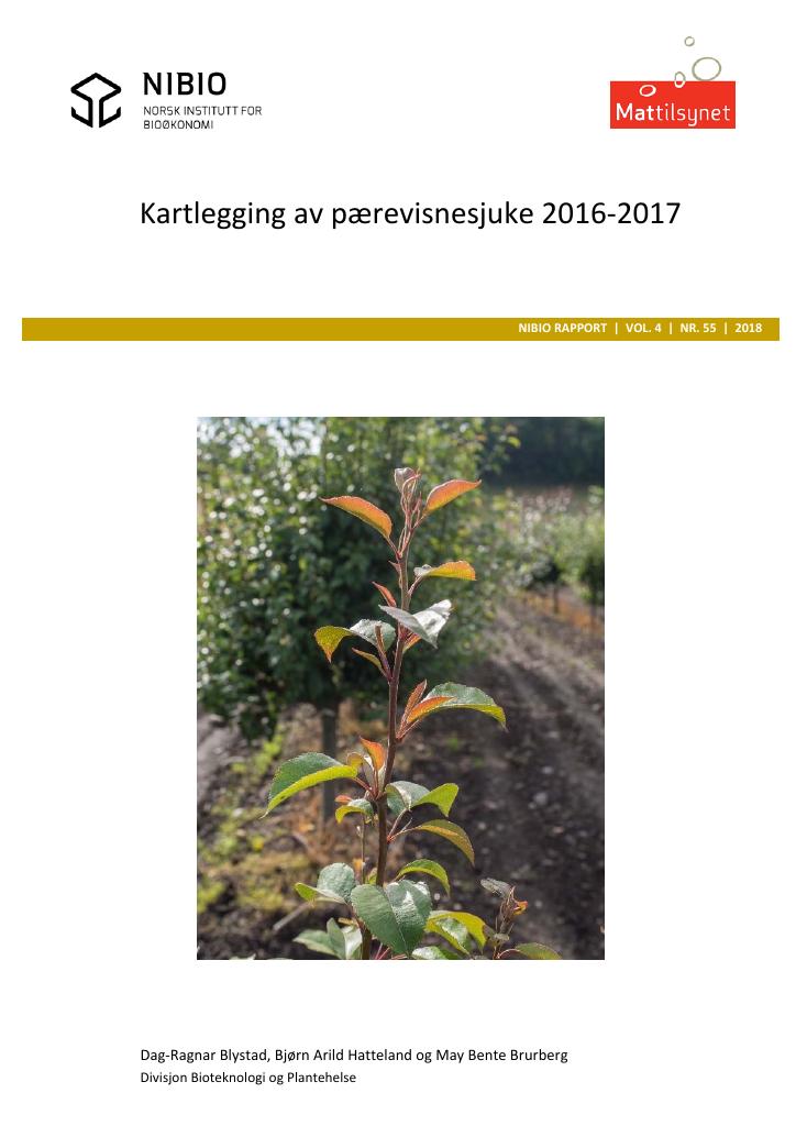 Forsiden av dokumentet Kartlegging av pærevisnesjuke 2016 og 2017