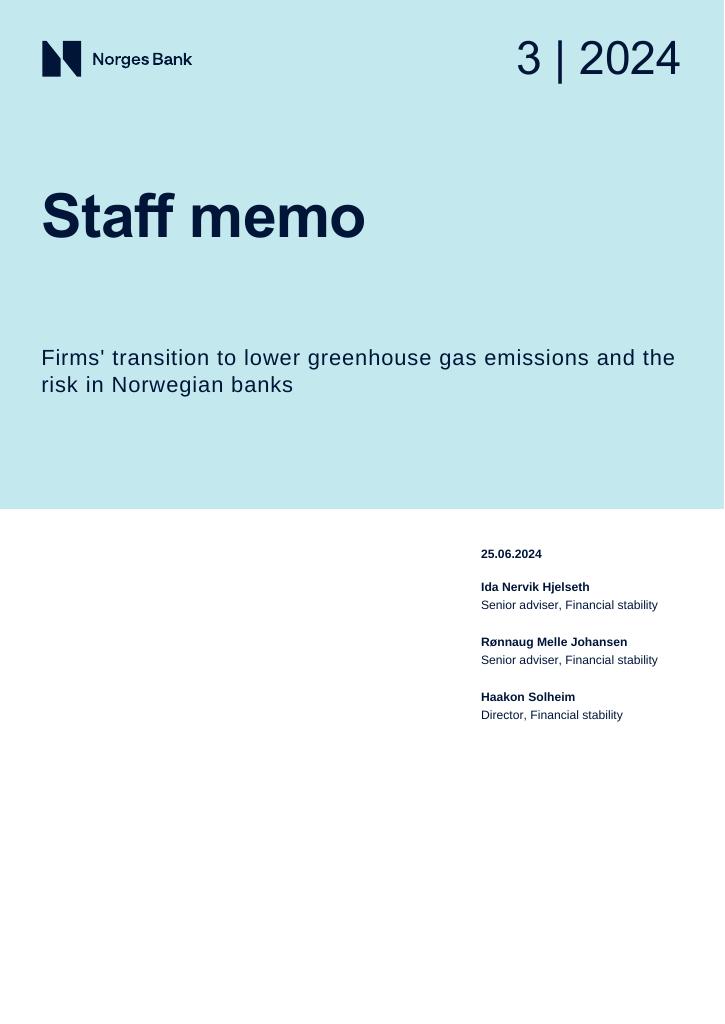 Forsiden av dokumentet Firms' transition to lower greenhouse gas emissions and the risk in Norwegian banks