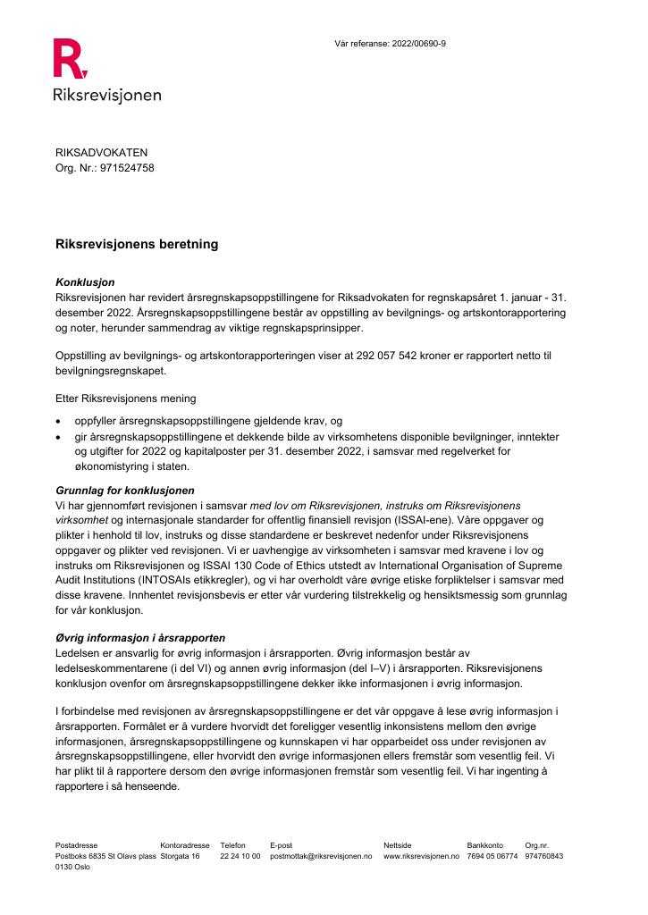 Forsiden av dokumentet Revisjonsberetning Riksadvokaten (Den høyere påtalemyndighet) 2022