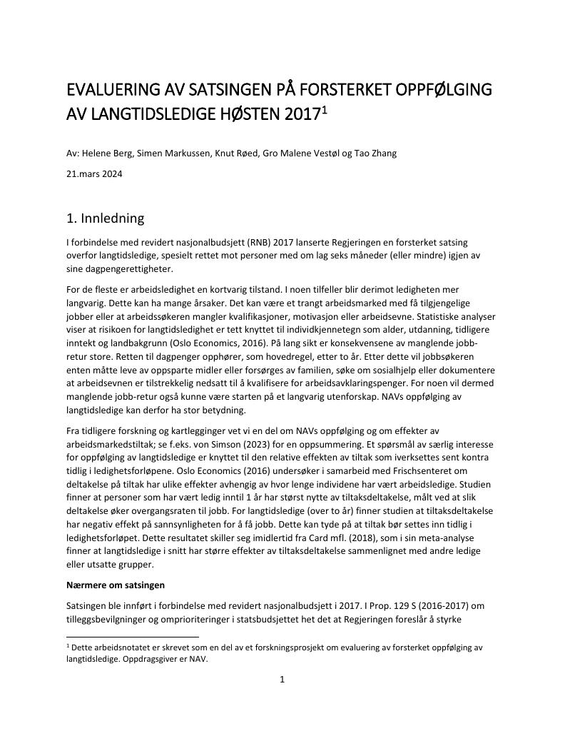 Forsiden av dokumentet EVALUERING AV SATSINGEN PÅ FORSTERKET OPPFØLGING AV LANGTIDSLEDIGE HØSTEN 2017