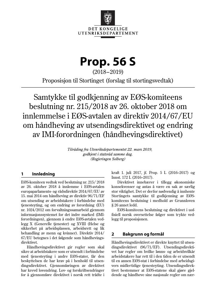 Forsiden av dokumentet Prop. 56 S (2018–2019)