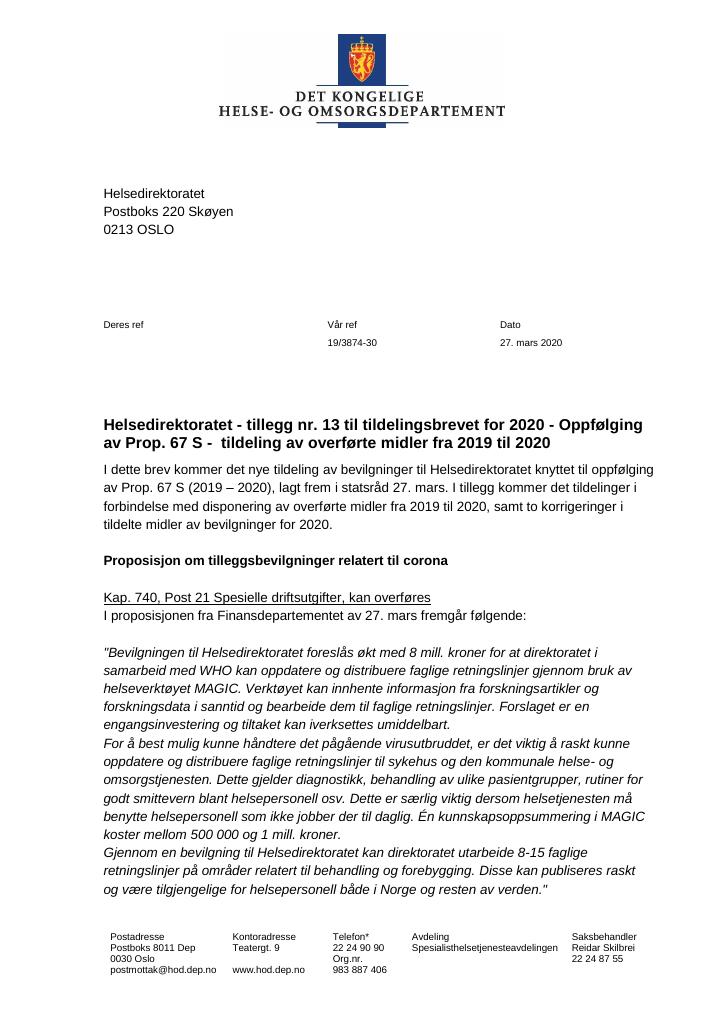 Forsiden av dokumentet Tildelingsbrev Helsedirektoratet 2020 - tillegg nr. 13