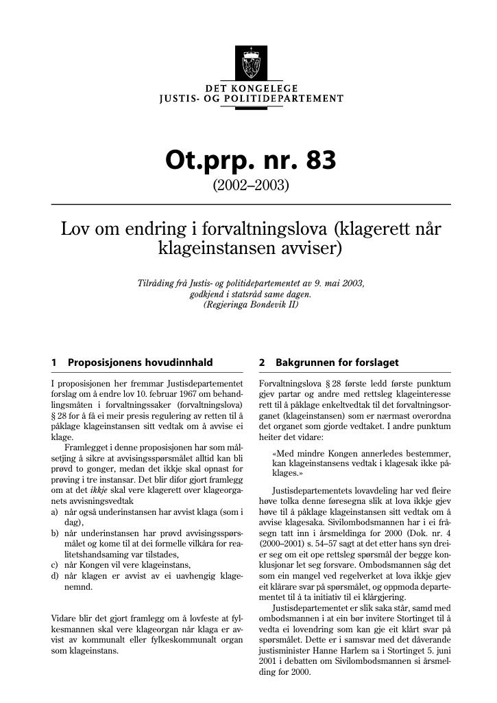 Forsiden av dokumentet Ot.prp. nr. 83 (2002-2003)