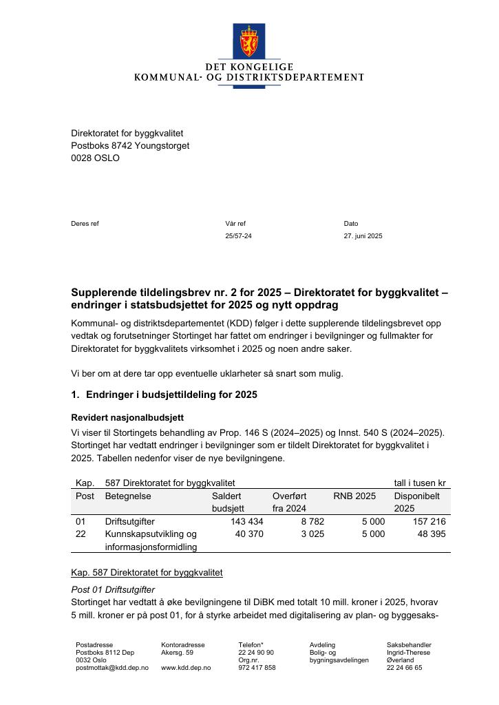 Forsiden av dokumentet Tildelingsbrev Direktoratet for byggkvalitet 2025 - tillegg nr. 2