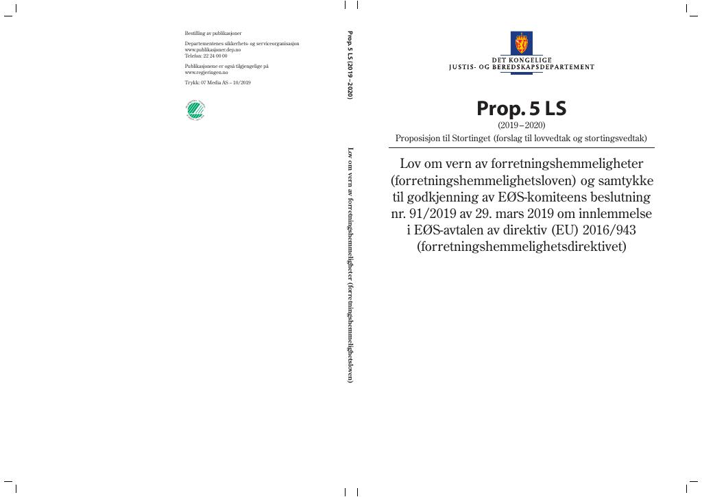 Forsiden av dokumentet Prop. 5 LS (2019–2020)