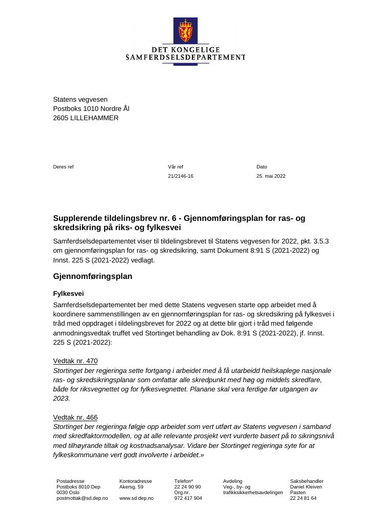 Forsiden av dokumentet Tildelingsbrev Statens vegvesen 2022 - tillegg nr. 6