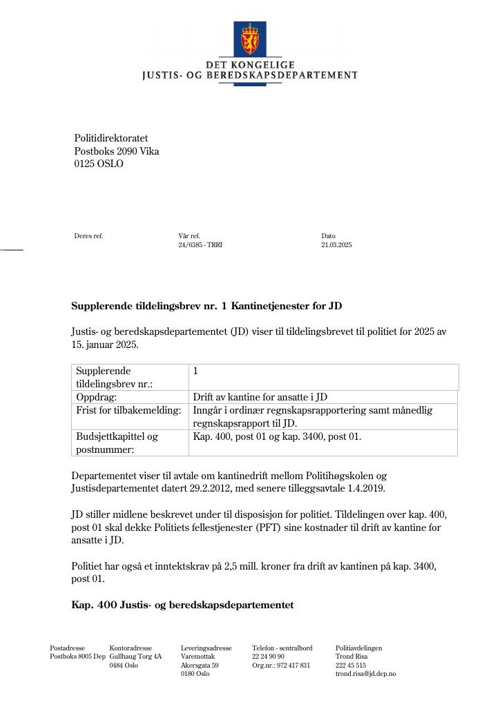 Forsiden av dokumentet Tildelingsbrev Politiet 2025 - tillegg nr. 1