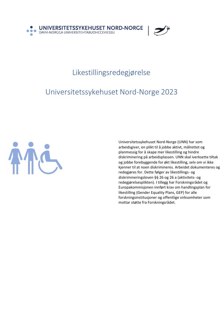 Forsiden av dokumentet Likestillingsredegjørelse Universitetssykehuset Nord-Norge (UNN) 2023