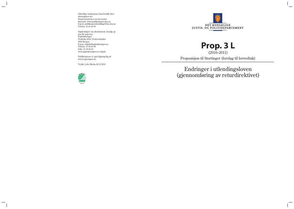 Forsiden av dokumentet Prop. 3 L (2010–2011)