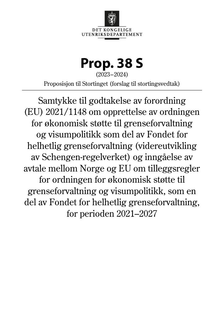 Forsiden av dokumentet Prop. 38 S (2023–2024)