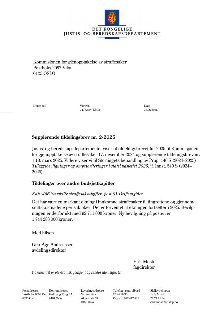 Forsiden av dokumentet Tildelingsbrev Kommisjonen for gjenopptakelse av straffesaker 2025 - tillegg nr. 2