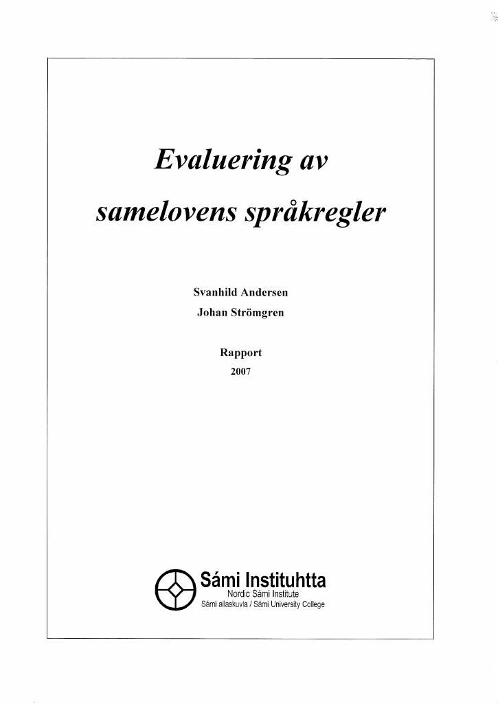 Forsiden av dokumentet Evaluering av samelovens språkregler