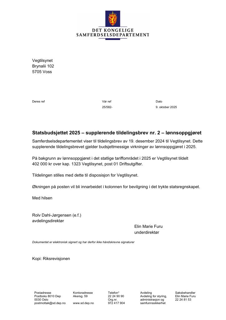 Forsiden av dokumentet Tildelingsbrev Vegtilsynet 2025 - tillegg nr. 2