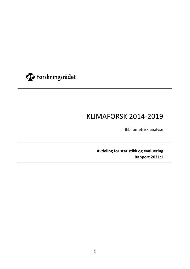 Forsiden av dokumentet KLIMAFORSK 2014-2019 : bibliometrisk analyse