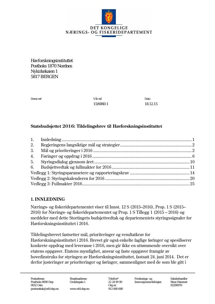 Forsiden av dokumentet Tildelingsbrev