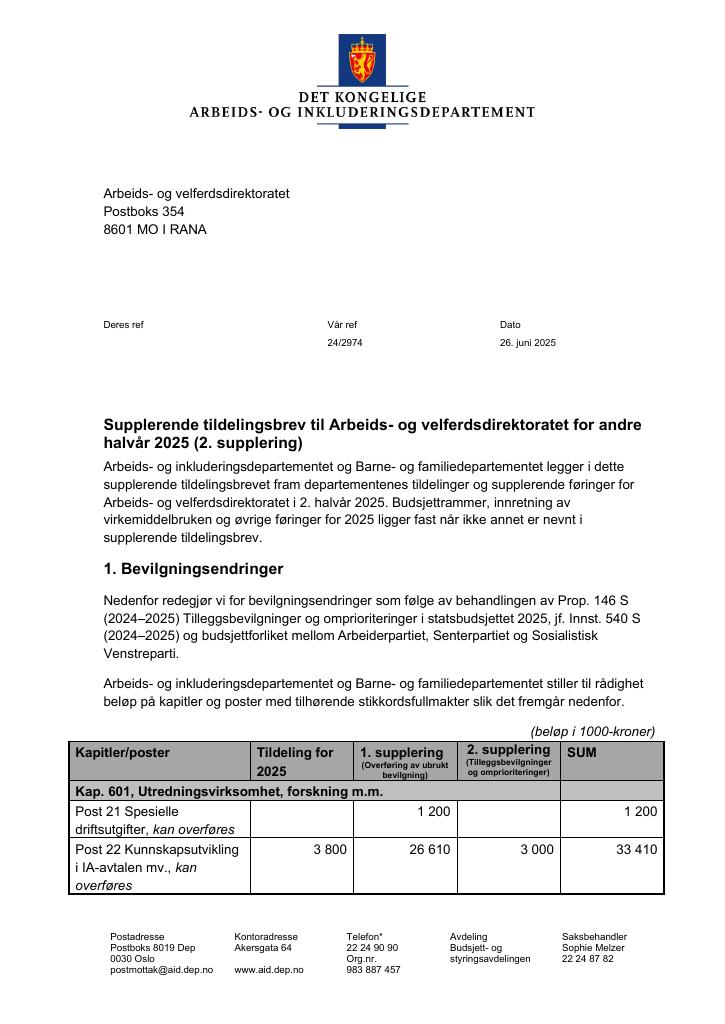 Forsiden av dokumentet Tildelingsbrev Arbeids- og velferdsdirektoratet 2025 - tillegg nr. 2