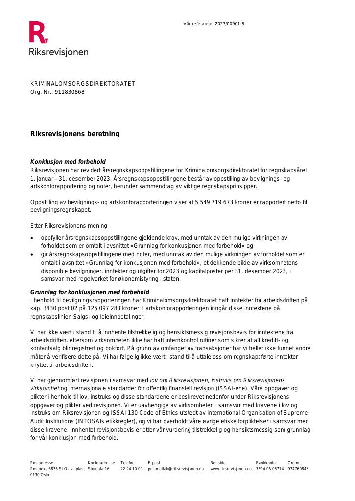 Forsiden av dokumentet Revisjonsberetning Kriminalomsorgen 2023