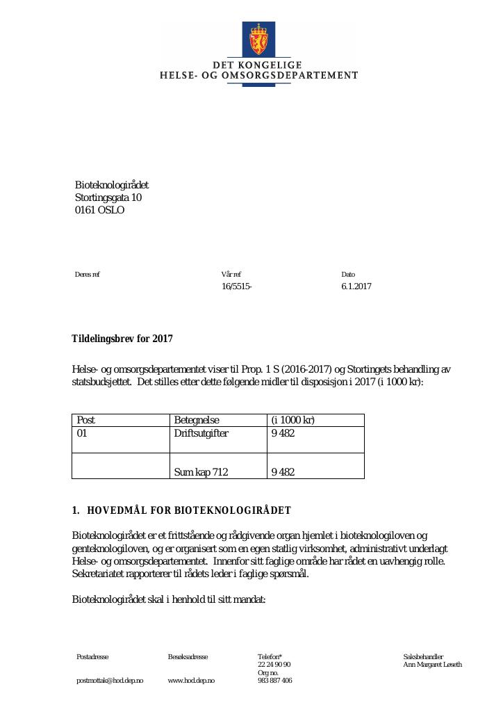 Forsiden av dokumentet Tildelingsbrev (pdf)