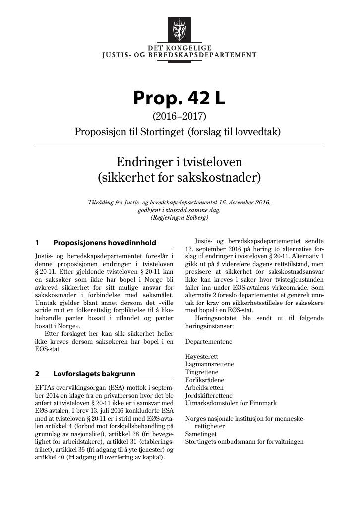 Forsiden av dokumentet Prop. 42 L (2016–2017)