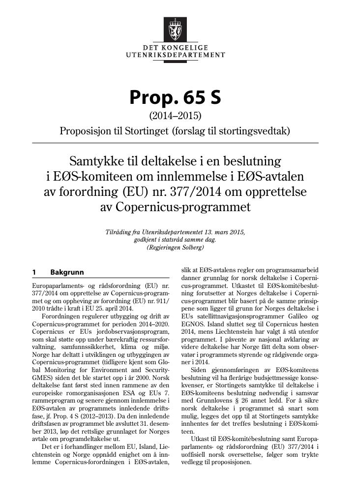 Forsiden av dokumentet Prop. 65 S (2014-2015)