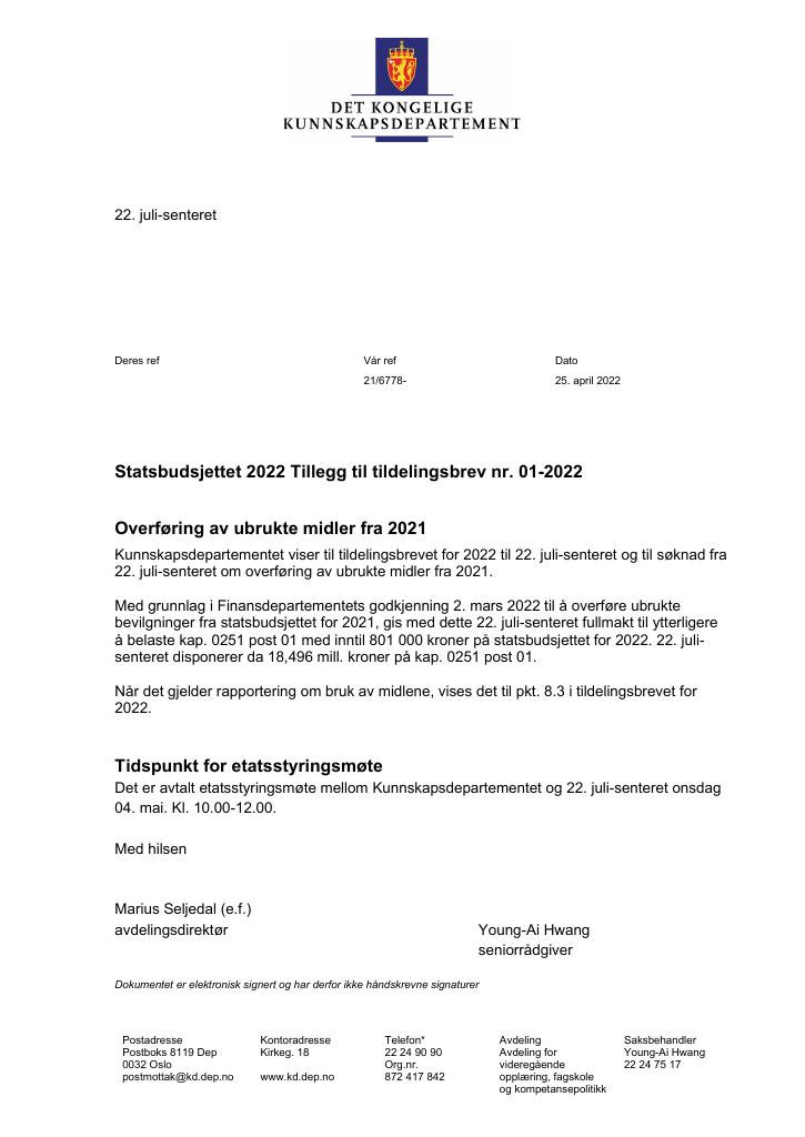 Forsiden av dokumentet Tildelingsbrev 22. juli-senteret 2022 - tillegg nr. 1