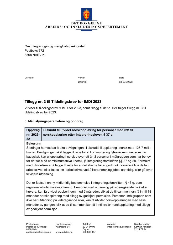 Forsiden av dokumentet Tildelingsbrev Integrerings- og mangfoldsdirektoratet (IMDi) 2023 - tillegg nr. 3