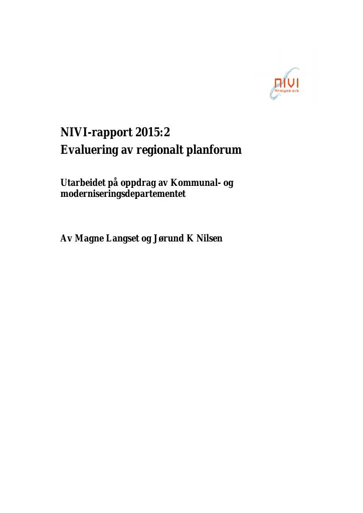 Forsiden av dokumentet Evaluering av regionalt planforum
