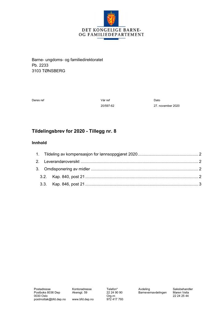 Forsiden av dokumentet Tildelingsbrev Bufdir 2020 - tillegg nr. 8