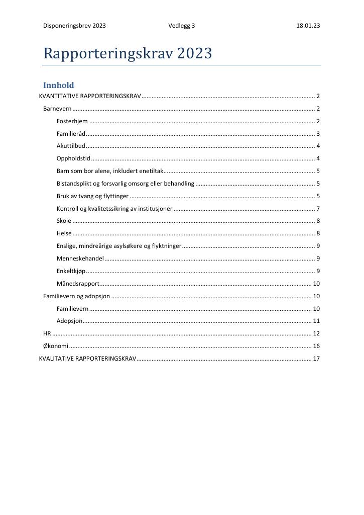 Forsiden av dokumentet Rapporteringskrav Barne-, ungdoms- og familieetaten (Bufetat) 2023 - vedlegg nr. 3