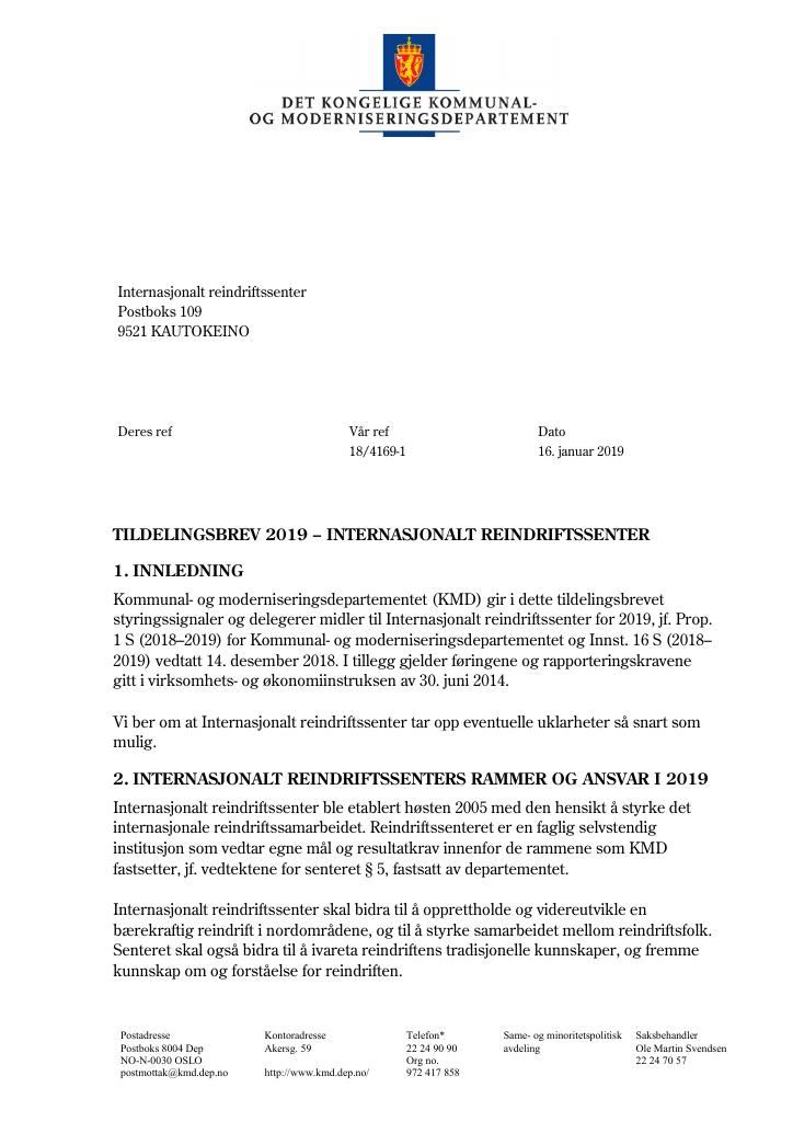 Forsiden av dokumentet Tildelingsbrev Internasjonalt reindriftssenter 2019