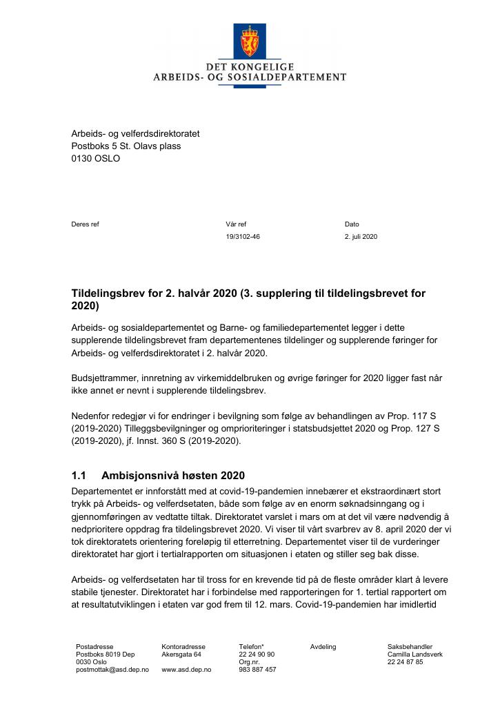 Forsiden av dokumentet Supplerende tildelingsbrev Arbeids- og velferdsdirektoratet 2020 - nr. 3