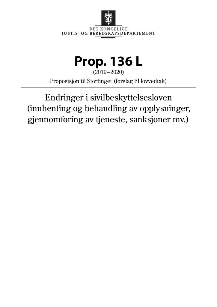 Forsiden av dokumentet Prop. 136 L (2019–2020)