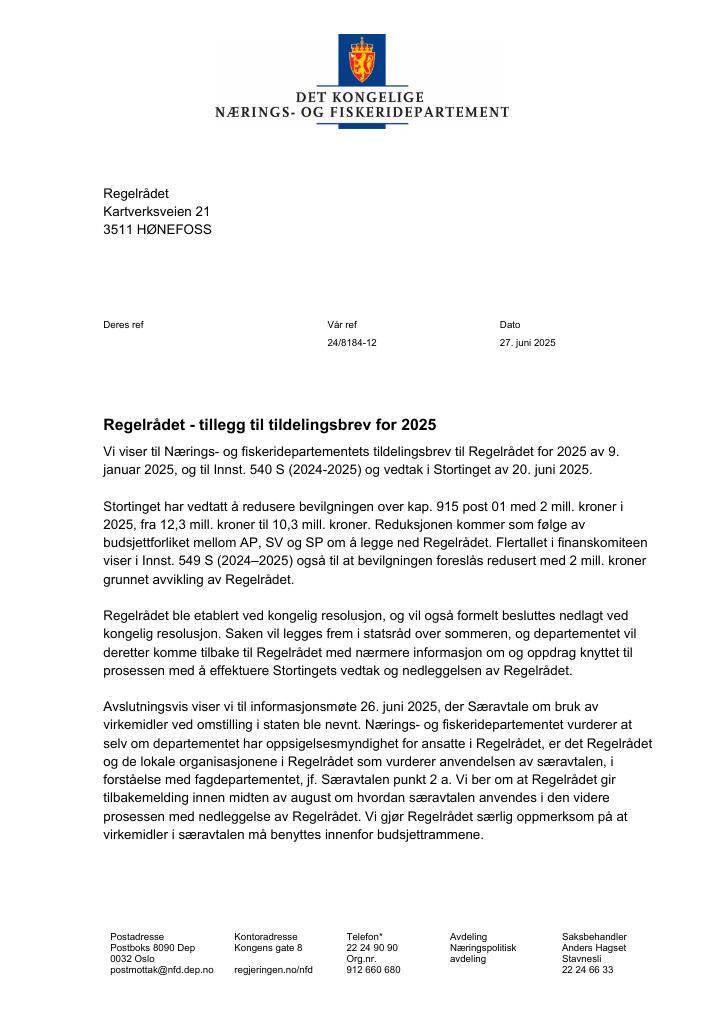 Forsiden av dokumentet Tildelingsbrev Regelrådet 2025 - tillegg