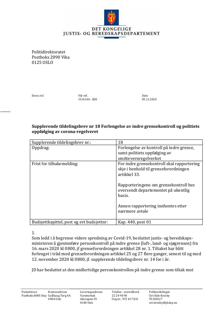 Forsiden av dokumentet Supplerende tildelingsbrev nr 18 2020 (PDF)