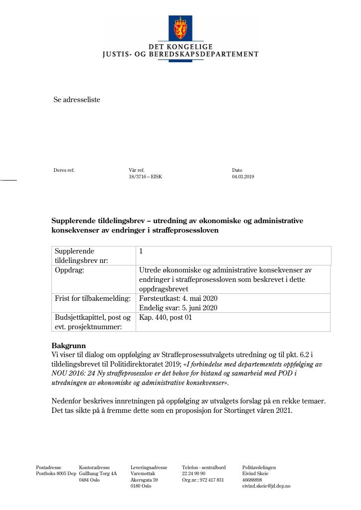 Forsiden av dokumentet Tildelingsbrev Riksadvokaten 2020 -  tillegg nr. 1 2020