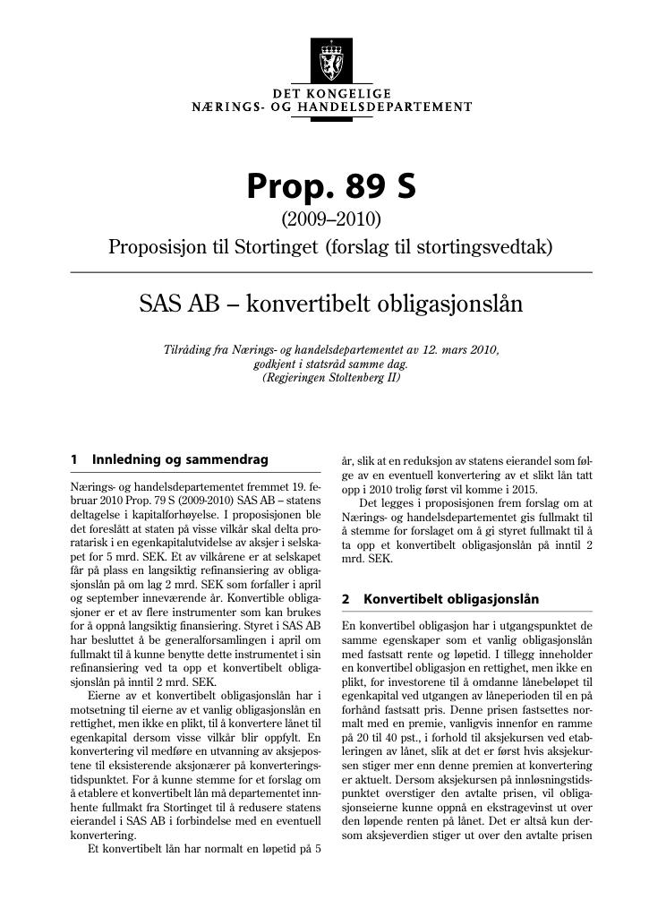 Forsiden av dokumentet Prop. 89 S (2009-2010)