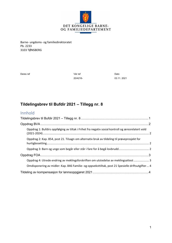 Forsiden av dokumentet Tildelingsbrev Bufdir 2021 - tillegg nr. 8