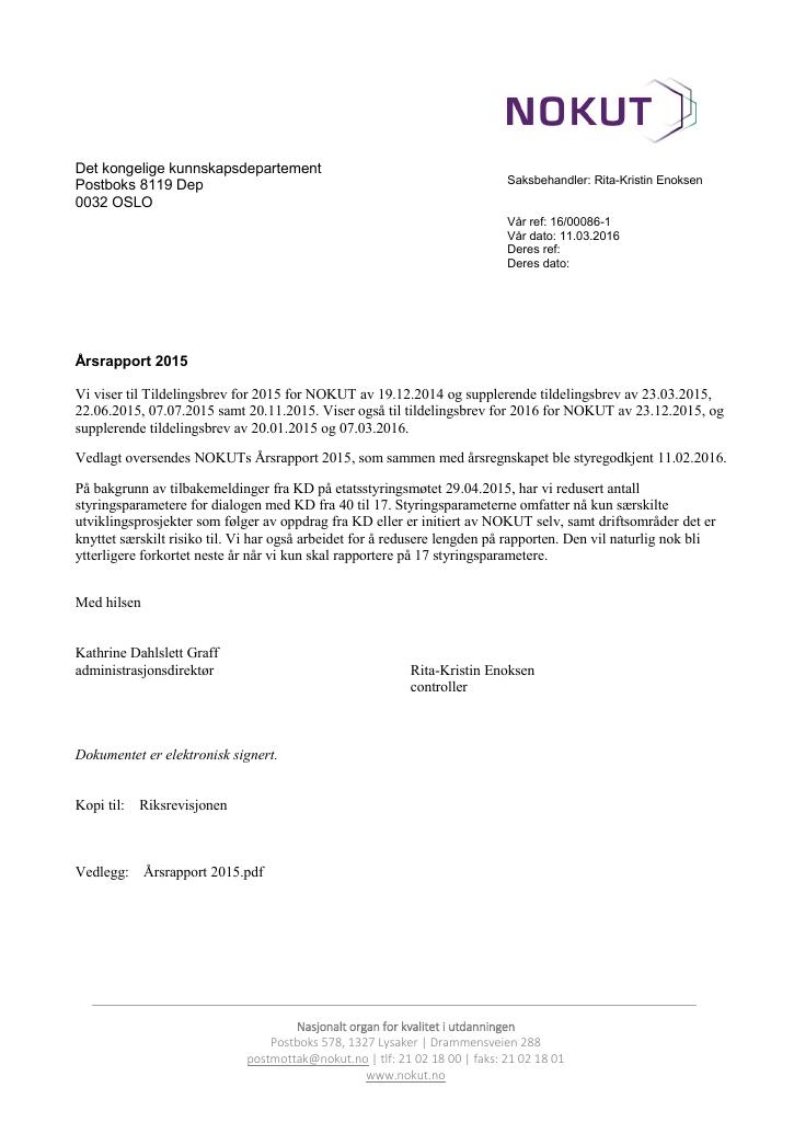 Forsiden av dokumentet Årsrapport Nasjonalt organ for kvalitet i utdanningen (NOKUT) 2015