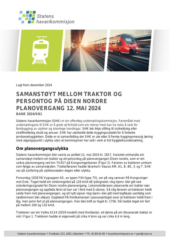 Forsiden av dokumentet Samanstøyt mellom traktor og persontog på Disen nordre planovergang 12. mai 2024