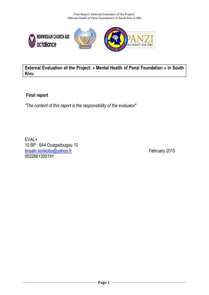 Forsiden av dokumentet External Evaluation of the Project: «Mental Health of Panzi Foundation» in South Kivu