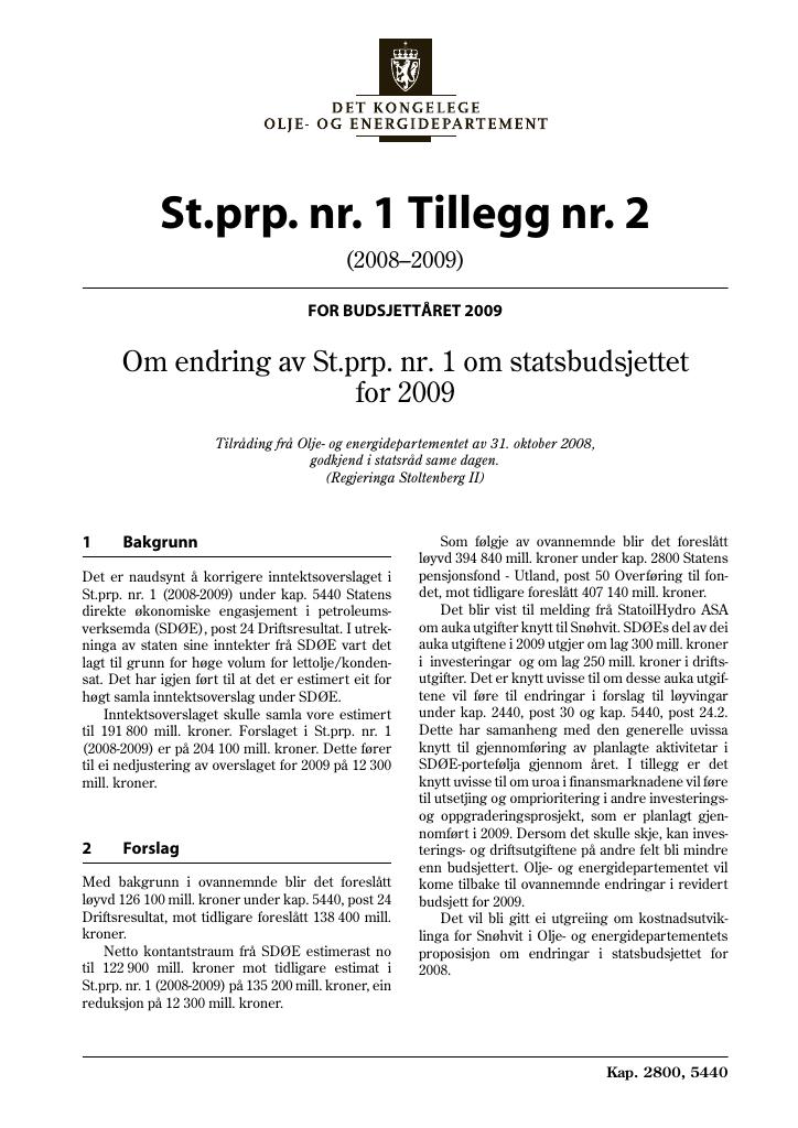 Forsiden av dokumentet St.prp nr. 1 Tillegg nr. 2 (2008-2009)