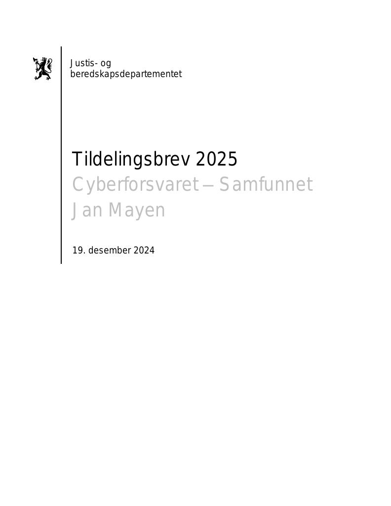 Forsiden av dokumentet Tildelingsbrev Samfunnet Jan Mayen – Cyberforsvaret 2025