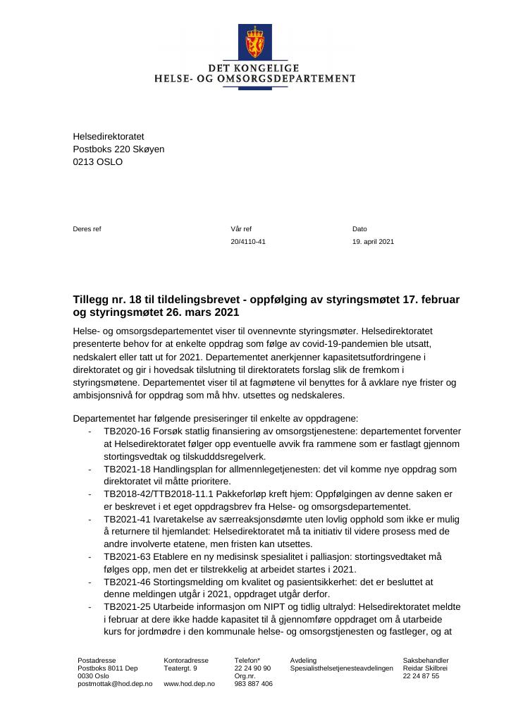 Forsiden av dokumentet Tildelingsbrev Helsedirektoratet 2021 - tillegg nr. 18