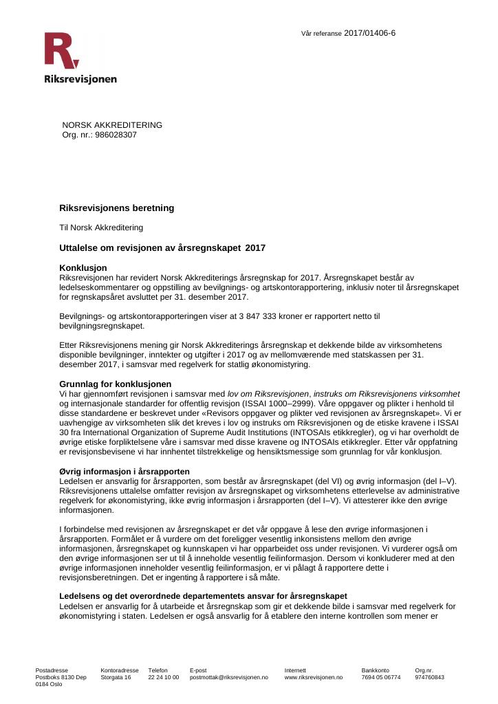 Forsiden av dokumentet Revisjonsberetning Norsk akkreditering 2017