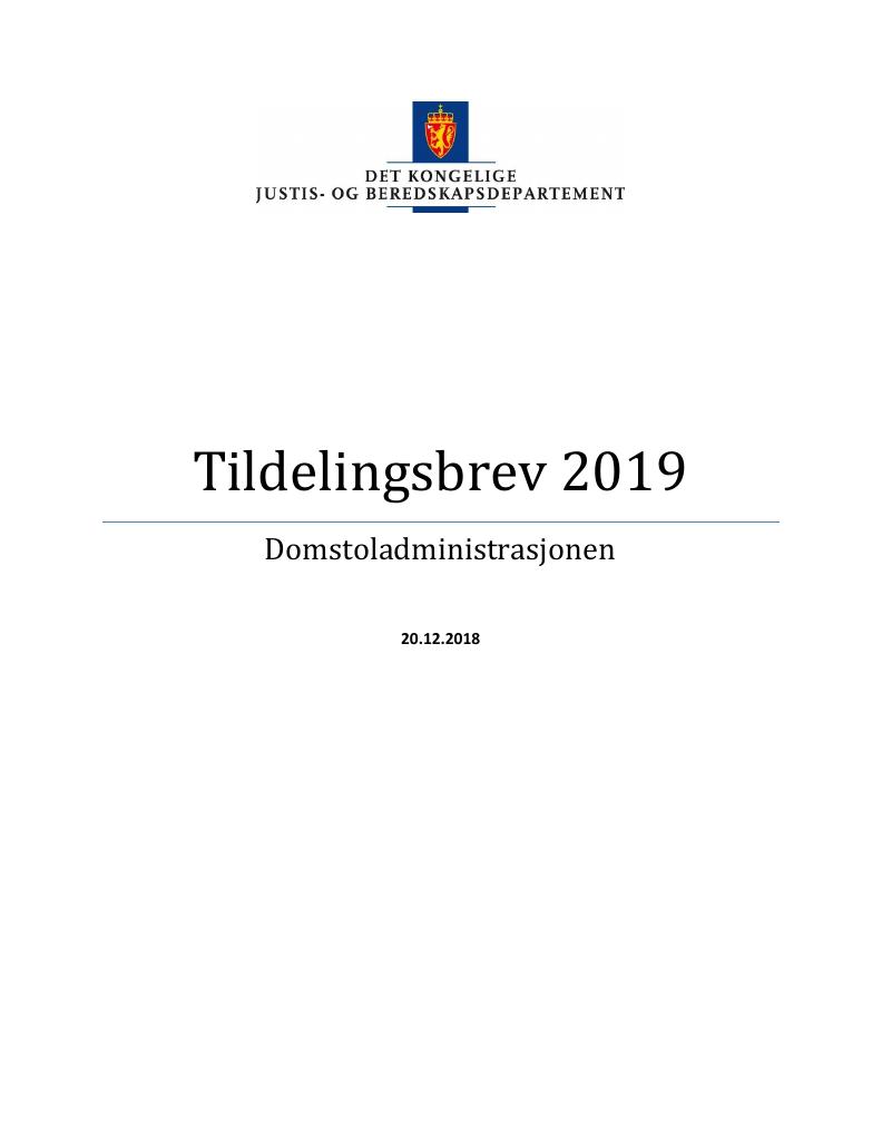 Forsiden av dokumentet Tildelingsbrev Domstoladministrasjonen 2019