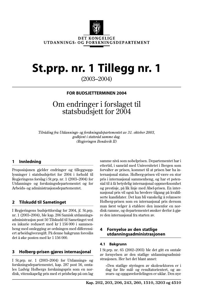Forsiden av dokumentet St.prp nr. 1 Tillegg nr. 1 (2003-2004)