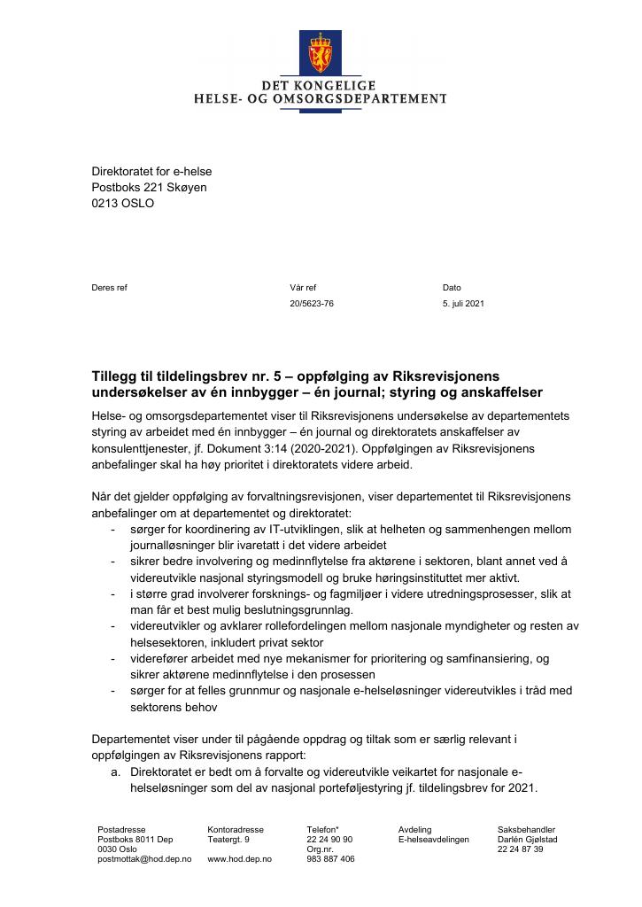 Forsiden av dokumentet Tildelingsbrev Direktoratet for e-helse 2021 - tillegg nr. 5