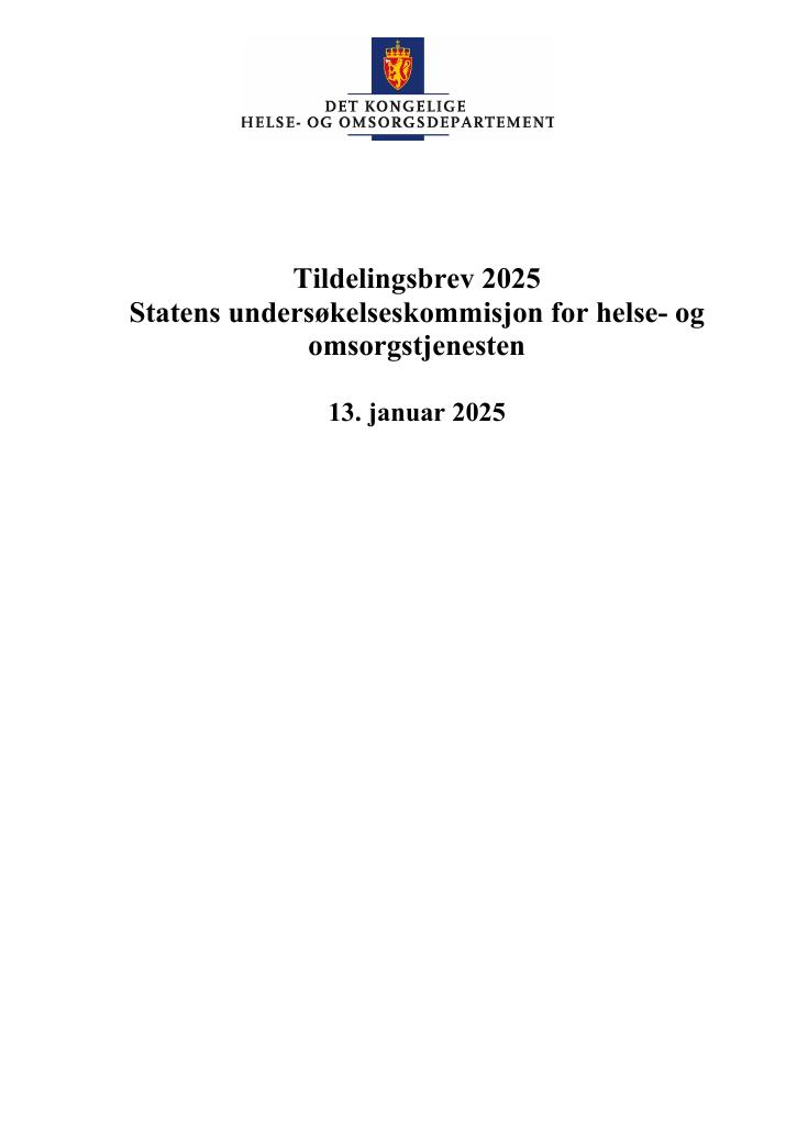 Forsiden av dokumentet Tildelingsbrev Statens undersøkelseskommisjon for helse- og omsorgstjenesten (UKOM) 2025