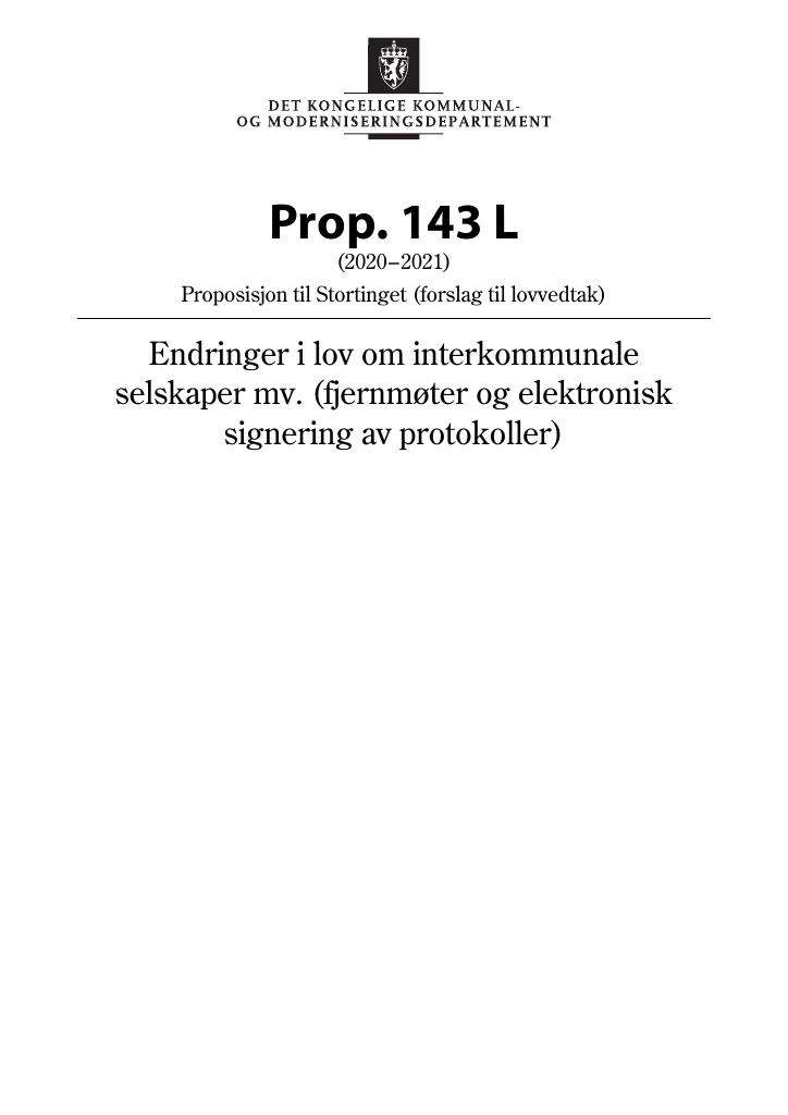 Forsiden av dokumentet Prop. 143 L (2020–2021)